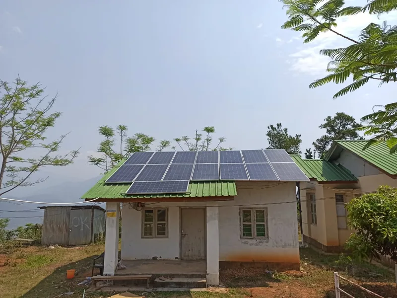 Solar array mounted on the roof of a health facility in the hills of Manipur
