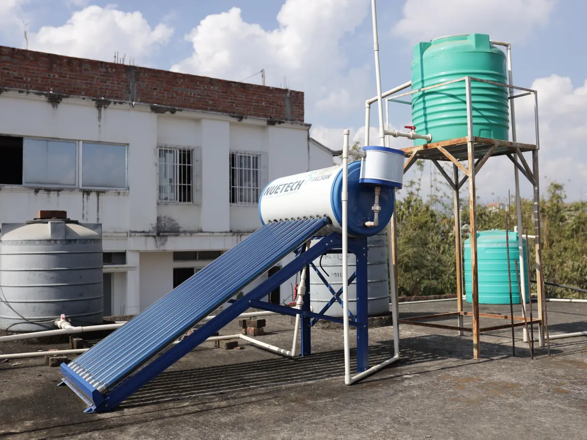 Solar water heater installed on a rooftop in Imphal, Manipur